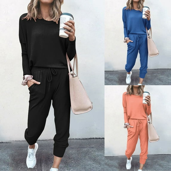 Eryao Women's 2 Piece Outfits Lounge Sets Casual Long Sleeve Round Neck Pullover and Drawstring Pants with Pockets 2024 Fall Classic Solid Color Tracsuits People Free Prime,Watermelon Red,M