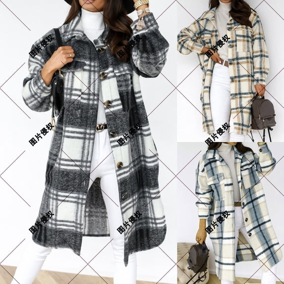 Eryao Women's 2024 Plus Size Plaid Flannel Shacket Loose Fit Long Shirts Jacket Tartan Boyfriend Oversized Coat with Pockets Winter Long Sleeve Button Down Overcoat,Black,XL