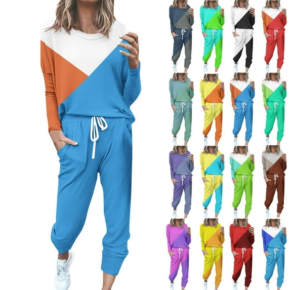 Eryao Women's Color Block 2 Piece Tracksuit Crewneck Long Sleeve Shirts Long Sweatpants Outfits Lounge Sets 2024 Fall Winter Lightweight Jogger Sets Todays,Red,XXXXL