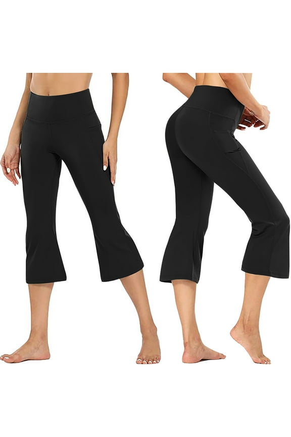 Women's Flare Capri Leggings with Pockets Tummy Control High Waisted Bootcut Yoga Pants Lightweight Loose Workout Lounge Leggings,Black XXL