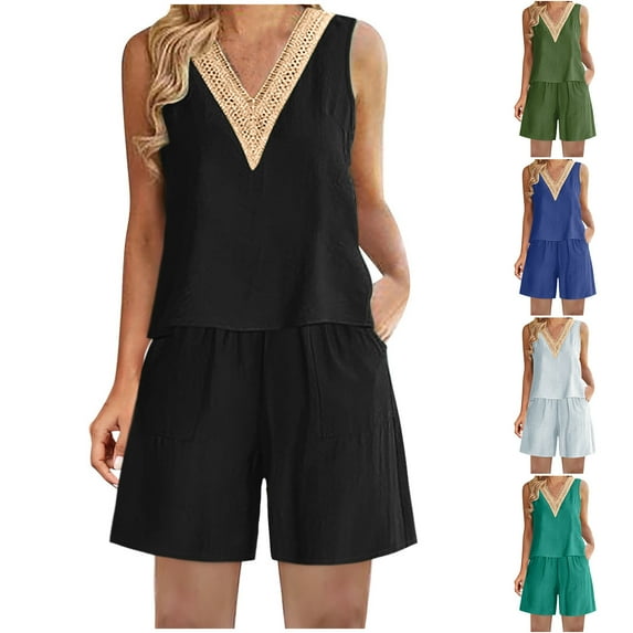Eryao Women's Linen Sets Plus Size Lace V Neck Tank Top and Elastic Waist Shorts with Pockets Summer Lightweight Loungewear Dupes People Free,Army Green,L
