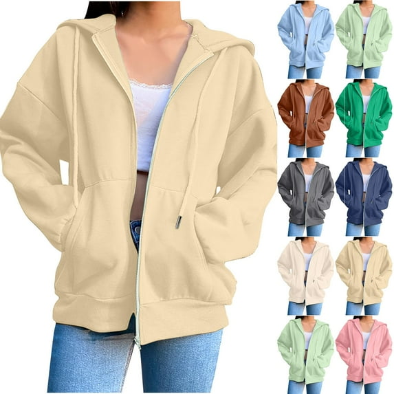 Eryao Women's Oversized Zip Up Hoodies Fleece Jacket Casual Solid Color Long Sleeve Sweatshirts with Pockets,Green,L