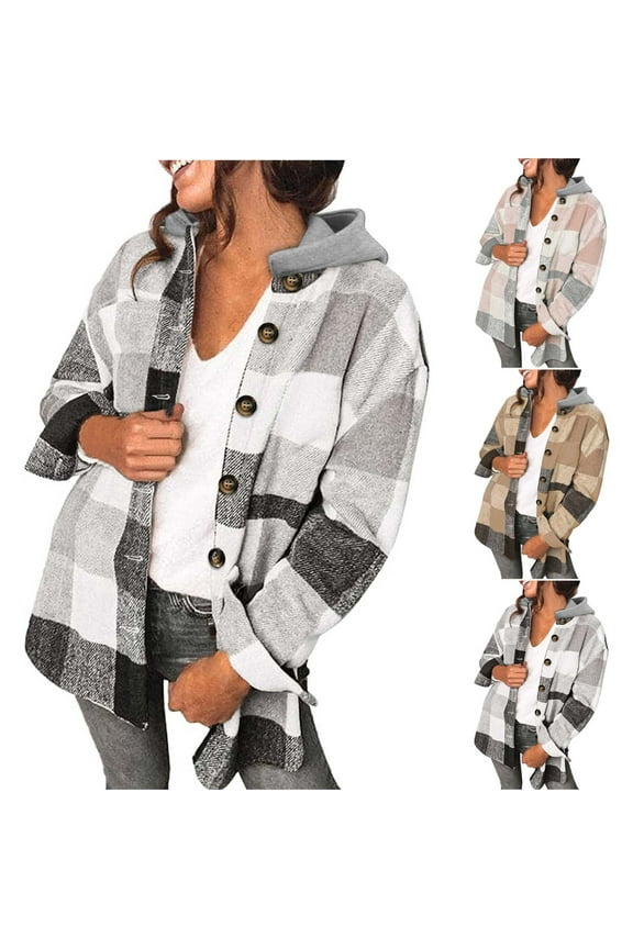 Women's Plaid Hoodies Casual Long Sleeve Classic Checked Hooded Jackets with Pockets 2024 Winter Open Front Draped Shoulder Thin Coat for Women People Free Clothing Sale,Khaki,S