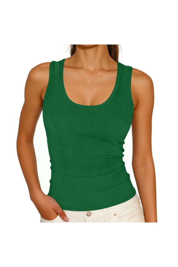 Women's Ribbed Tank Tops 2026 Scoop Neck Sleeveless Shirts Slim Fitted Basic Casual Cute Summer Knit Undershirts Top Green,XXL