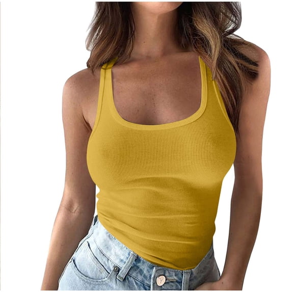 Eryao Women's Ribbed Tank Tops Sleeveless Summer Casual Workout U Neck Fitted Shirts Lightweight Knitted Basic Tank Top 2026 Yellow,M