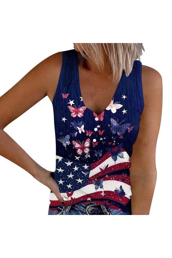 Womens American Flag Button V-Neck Tank Coloful Printed Ribbed Sleeveless Patriotic Shirts Graphic Tees Summer Tops 2026 Multicolor,XXL