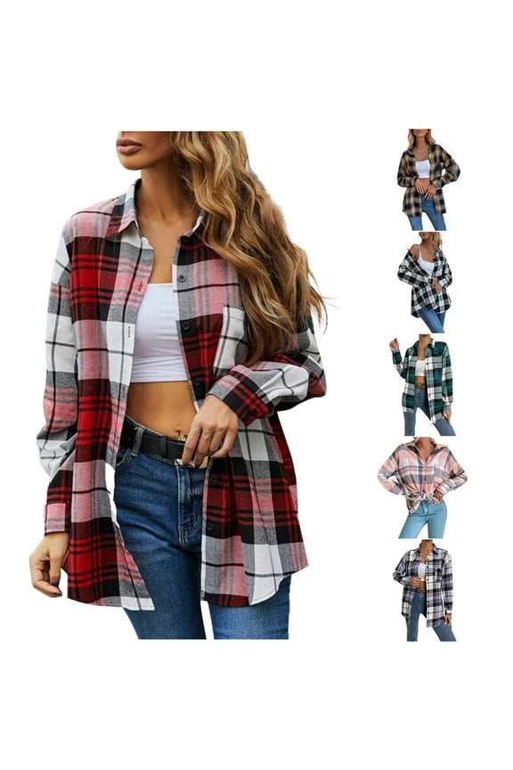 Womens Button Down Shirts Long Sleeve Plaid Shackets Jacket Business Casual Lapel Blouse Top with Pockets for Women 2024 Today,Black,L