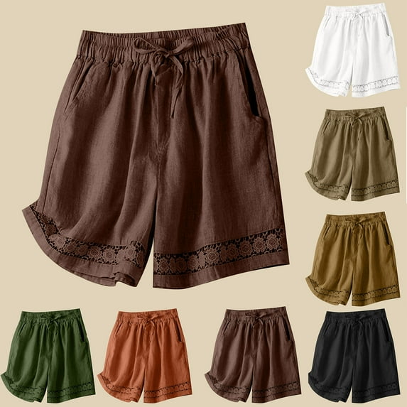 Eryao Womens Cotton Linen Shorts Solid Color Vintage Embroidery Shorts with Pockets Summer Elastic Drawstring Workout Shorts,Coffee,M
