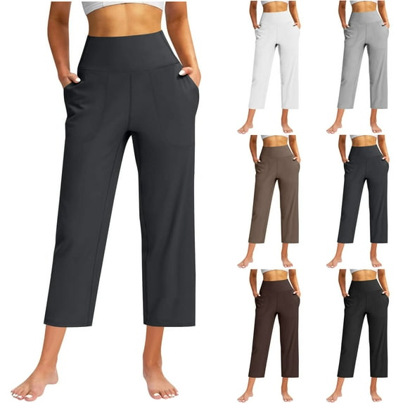 Eryao Womens Cropped Yoga Pants with Pockets Plus Size Elastic Waist Straight Leg Pants Casual Tummy Control Workout Capris White S