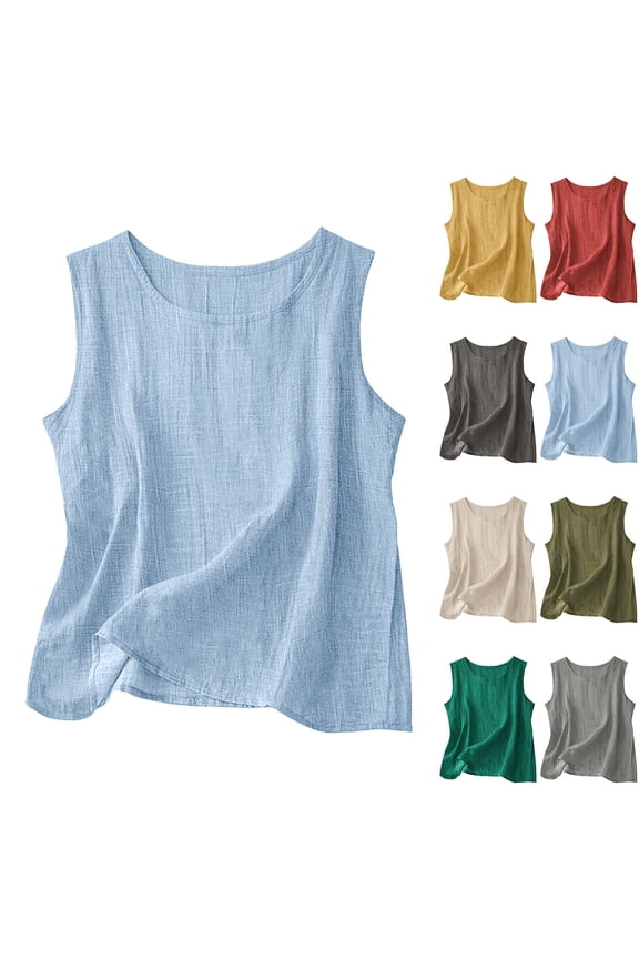 Womens Linen Tank Tops Comfy Crewneck Sleeveless Shirts Casual Loose Summer Vacation Tanks,Beige M