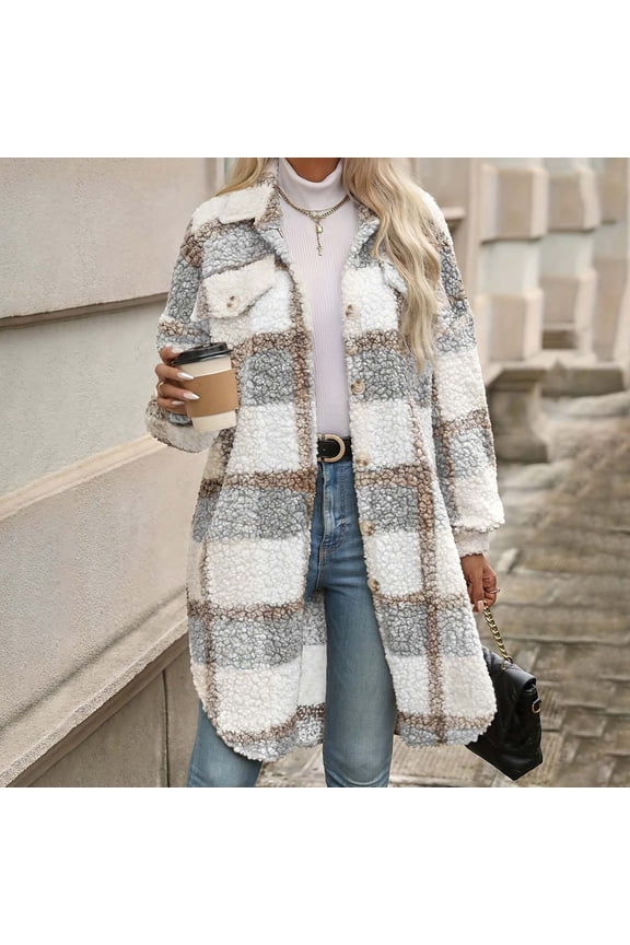 Womens Long Plaid Shacket Jacket Casual Fashion Lapel Button Down Long Sleeve Long Plaid Coat with Pocket,White,S