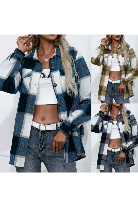 Womens Long Plaid Shacket Jacket Casual Trendy Lapel Button Down Long Sleeve Plaid Coat with Pockets 2024 Winter Baggy Outwear for Women,Blue,S