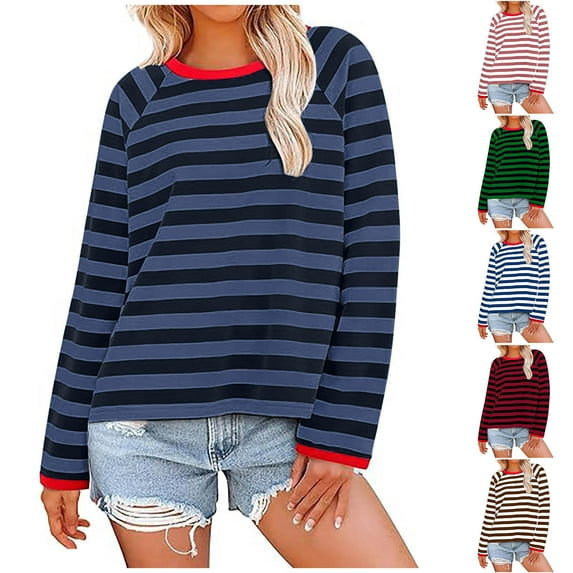 Eryao Womens Oversized Striped Sweatshirts Loose Fit Round Neck Long Sleeve Pullover Tops 2024 Fall Winter Baggy Preppy Color Block Tee Shirts Holiday Deals,Navy,L