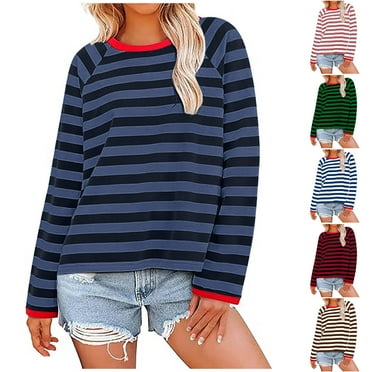 Eryao Womens Oversized Striped Sweatshirts Loose Fit Round Neck Long Sleeve Pullover Tops 2024 Fall Winter Baggy Preppy Color Block Tee Shirts ,Coffee,S