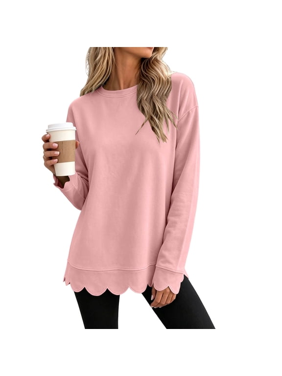 Womens Oversized Sweatshirts Fall Winter Baggy Crewneck Sweatshirt Scalloped Casual Lightweight Long Sleeve Pullover Tops Pink,S