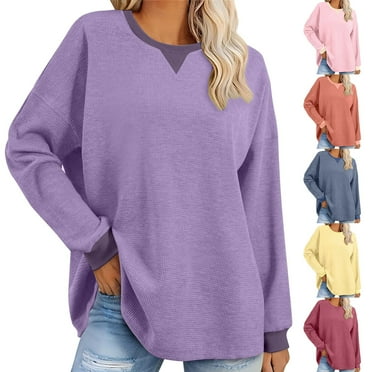Eryao Womens Oversized Waffle Knit Crewneck Sweatshirts Solid Color Long Sleeve Soft Lightweight Pullover Tops 2024 Fall Winter Casual Basic Blouses for Women Prime Today,Blue,L