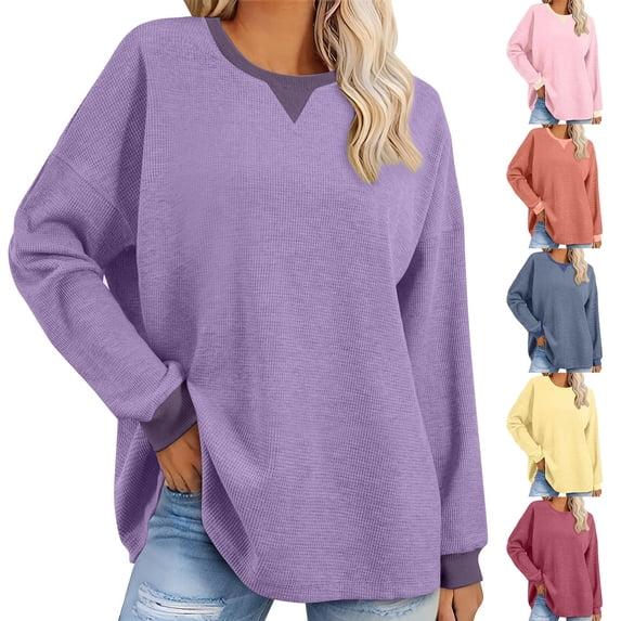 Eryao Womens Oversized Waffle Knit Crewneck Sweatshirts Solid Color Long Sleeve Soft Lightweight Pullover Tops 2024 Fall Winter Casual Basic Blouses for Women,Pink,M