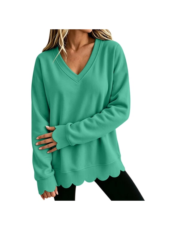 Womens Pull Over Sweatshirt Fall Winter Lightweight Scalloped Sweatshirts Oversized V Neck Long Sleeve Solid Color Tops Mint Green,XXL