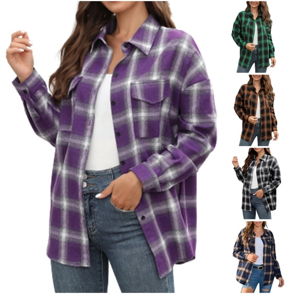 Eryao Womens Shirts Collared Long Sleeve Button Down Oversized Blouses Tops with Pockets 2024 Casual Open Front Plaid Jackets for Women Weekly Sale,Black,XL