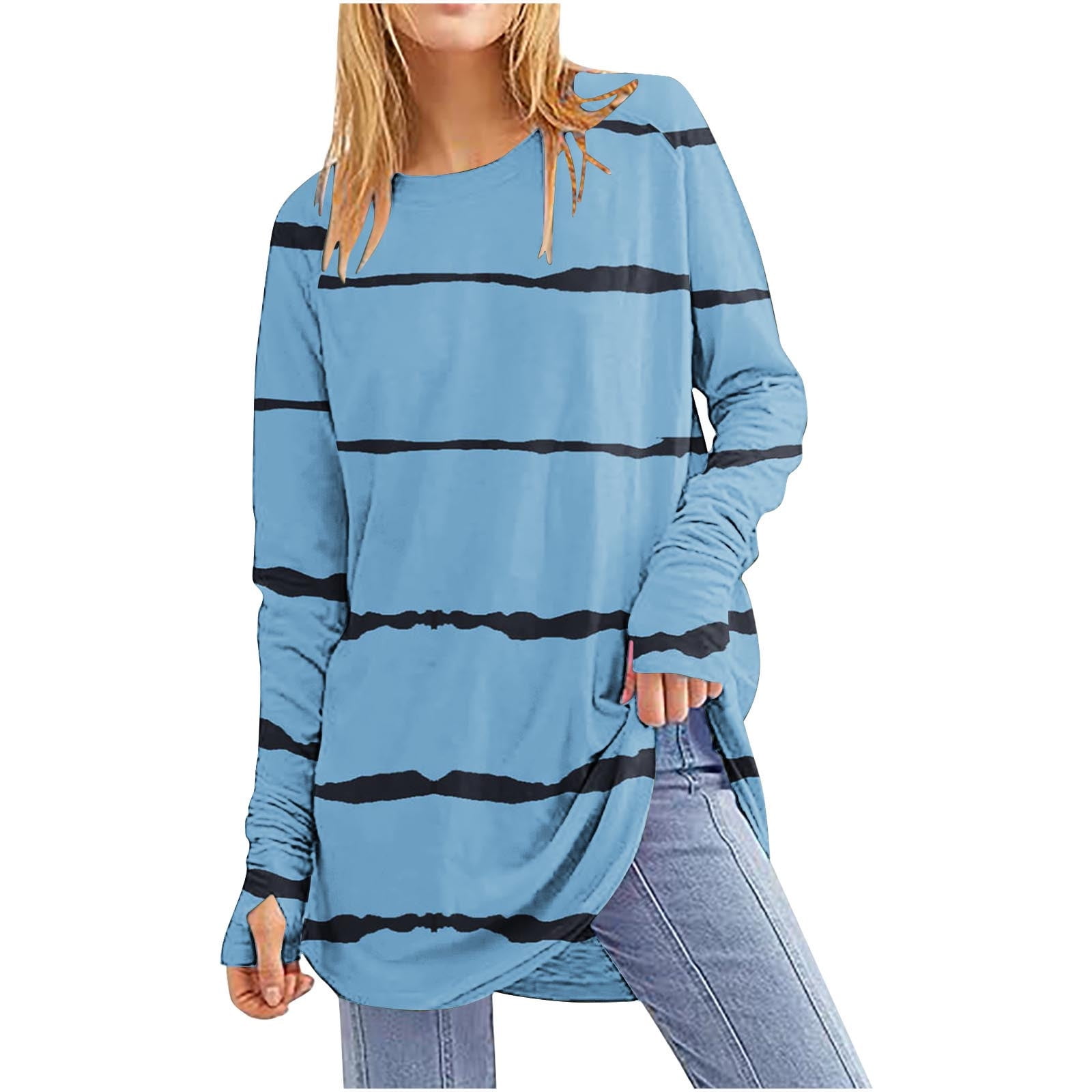 Eryao Womens Thumb Hole Shirts Long Sleeve Striped Fashion Tops