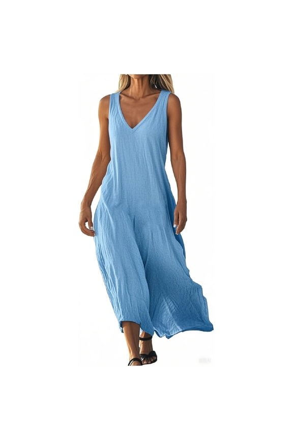 Womens V Neck Tank Dress Cotton Linen Solid Color Dresses Summer Solid Color Classy Maxi Dress,Light Blue,S