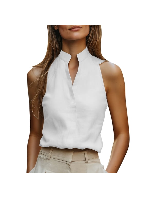 Womens Work Tank Tops Stand Collar Sleeveless Shirts V Neck Open Front Summer Casual Slim Business Office Tunic Blouses White,L
