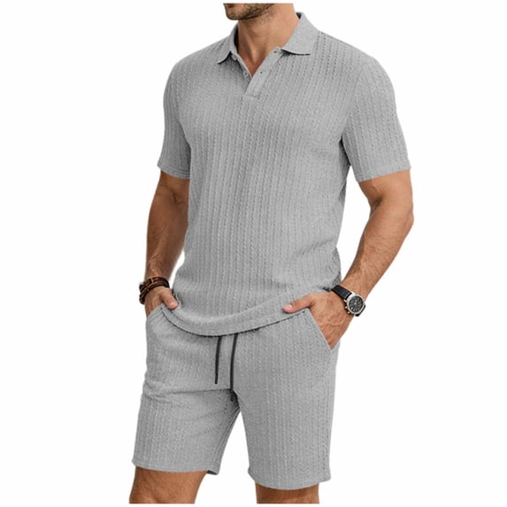 Eryao Workout Set Men Casual 2 Piece Jacquard Lounge Sets Summer V Neck Button Short Sleeve Tops Matching Shorts with Pockets,Gray,XXL