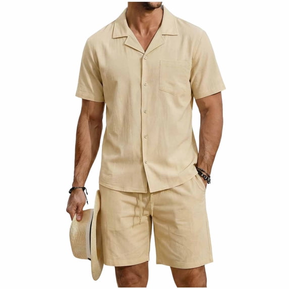 Eryao Workout Sets Men Two Piece Summer Lounge Linen Outfits Casual Button Down Short Sleeve Shirts Matching Drawstring Waist Shorts with Pockets,Khaki,XXL