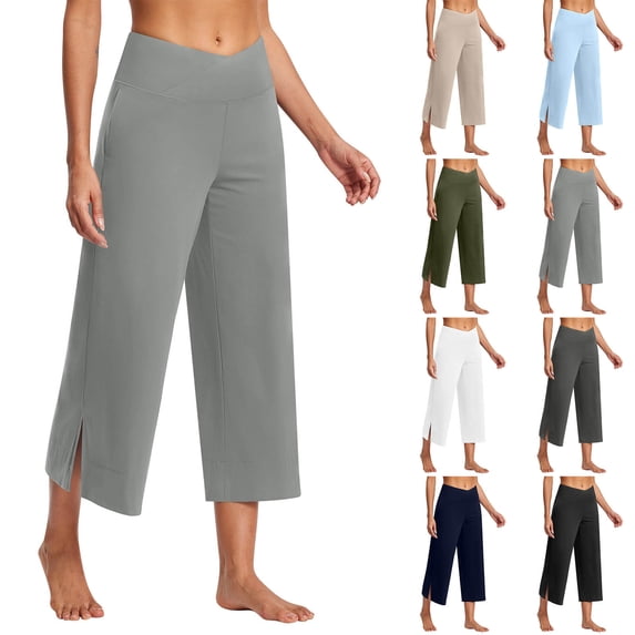 Eryao Workout Yoga Capris with Pockets for Women Crossover High Waist Loose Wide Leg Cropped Trousers Lightweight Flowy Capri Pants,Light Blue M