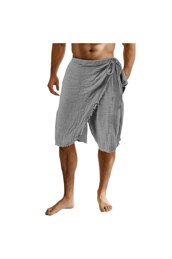 Wrap Linen Skort Men Casual Elastic Waist Lightweight Drawstring Shorts Summer Vacation Beach Shorts with Pockets,Gray,M
