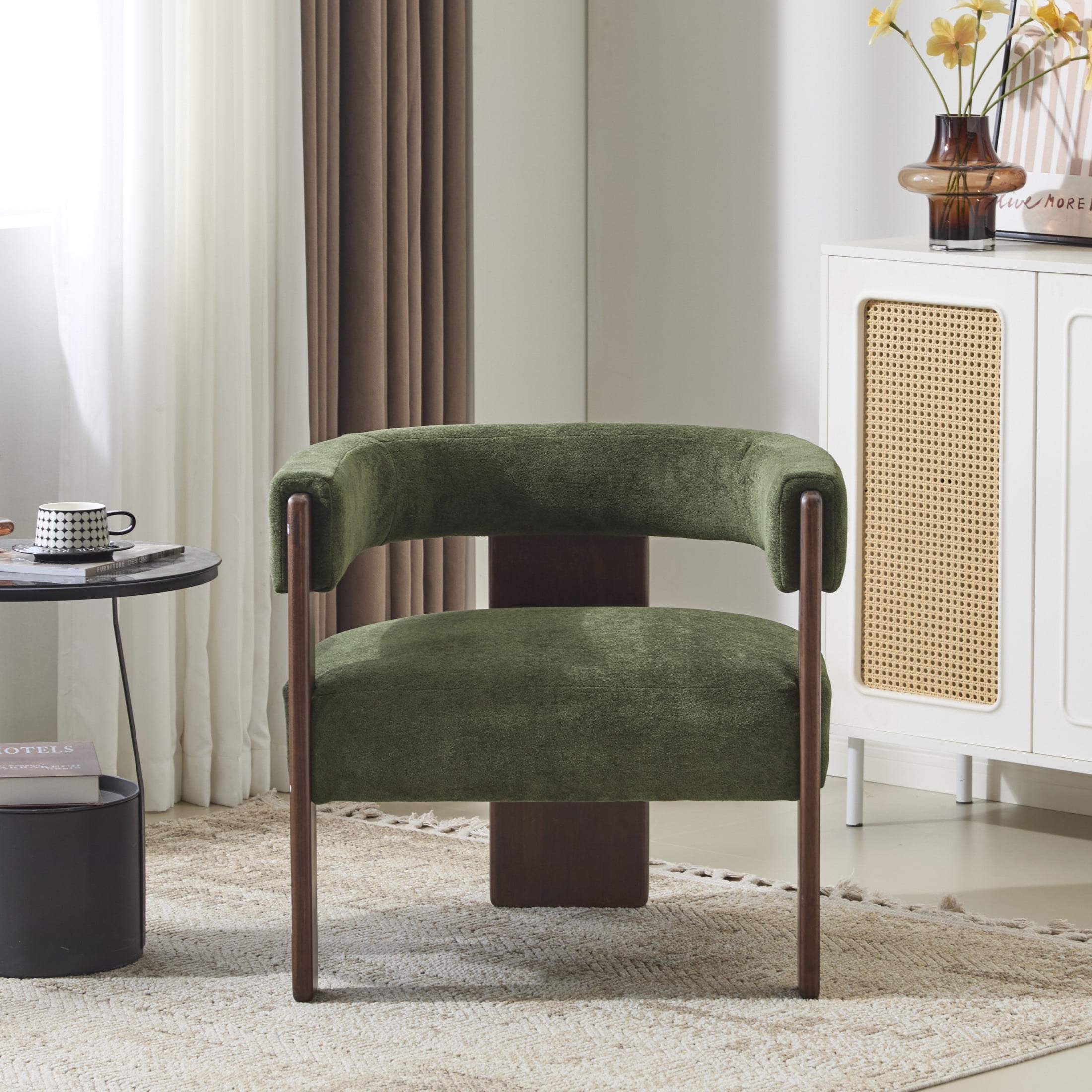 Eryndor Modern Velvet Upholstered Accent Arm Chair, Solid Wood Frame, Green + Walnut