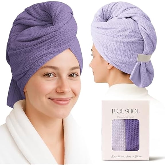 Eryueer 2 Pack Microfiber Hair Towel Wrap for Women, 32" x 11" Waffle Weave Hair Plopping Towel for Curly, Long & Thick Hair, Anti-Frizz Hair Turbans for Wet Hair (Deep Purple,Light Purple)