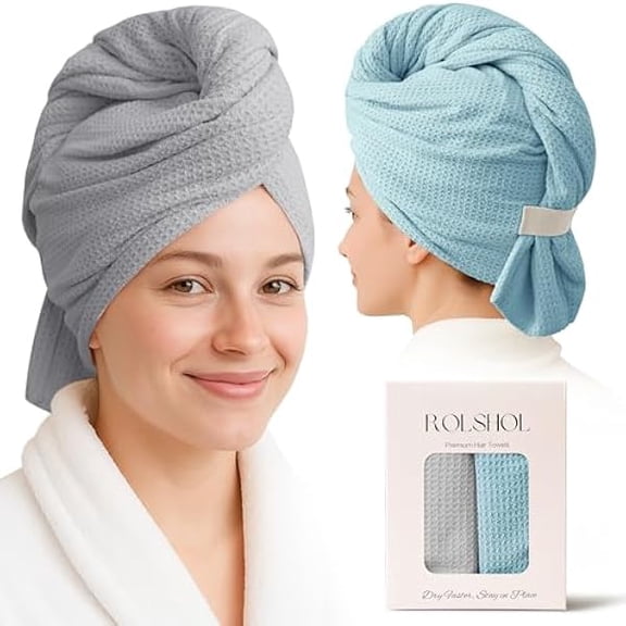 Eryueer 2 Pack Microfiber Hair Towel Wrap for Women, 32" x 11" Waffle Weave Hair Plopping Towel for Curly, Long & Thick Hair, Anti-Frizz Hair Turbans for Wet Hair (Gray,Cyan Blue)
