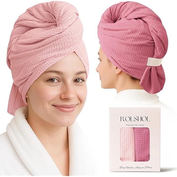 Eryueer 2 Pack Microfiber Hair Towel Wrap for Women, 32" x 11" Waffle Weave Hair Plopping Towel for Curly, Long & Thick Hair, Anti-Frizz Hair Turbans for Wet Hair (Light Pink,Coral Pink)