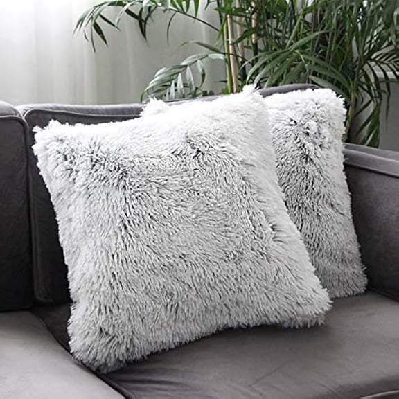 Eryueer 2 Packs Fluffy Plush Pillow Cover 18"x18", Luxury Gray Soft Fuzzy Faux Fur Throw Pillow Cover Cushion Case for Sofa Bed, Fall Winter Home Decorative Gray Ombre 45x45 cm Two Sides Fur
