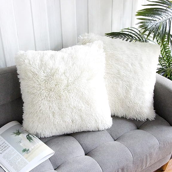 Eryueer 2 Packs White Fluffy Plush Pillow Cover 18"x18", Luxury White Faux Fur Throw Pillow Case Square Cushion Pillow Cover for Sofa Bed,Zippered True White 45x45 cm, Fall Winter Home Decorative