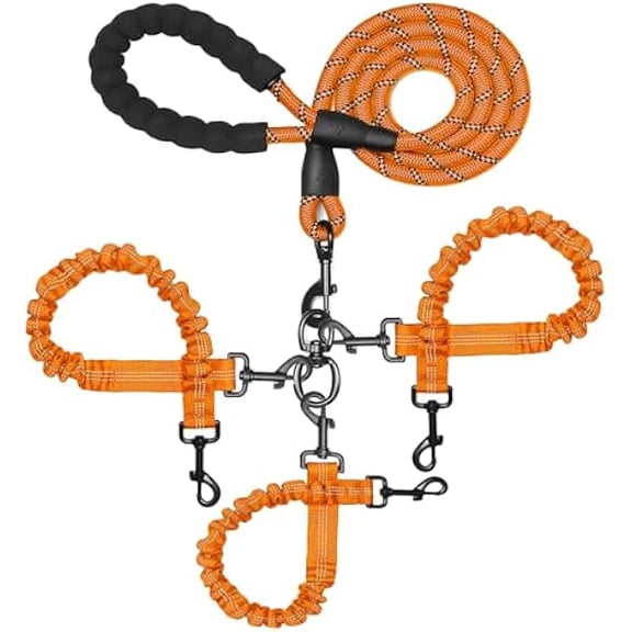 Eryueer 3 Dog Leash No Tangle, Heavy Duty Multiple Dog Lead Shock Absorbing Bungee with Padded Handle Removable Pet Traction Walking Rope for Medium Large Dogs (25-180 Lbs)