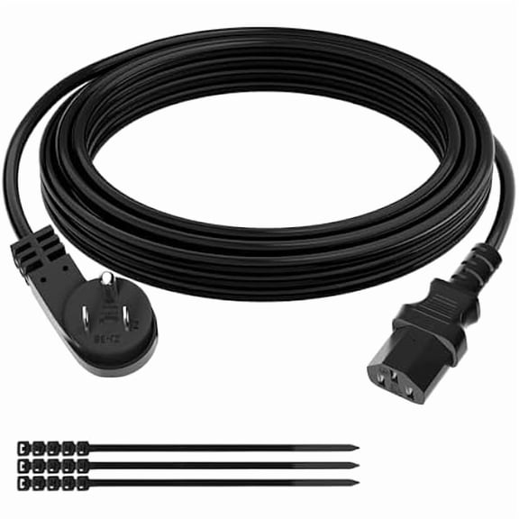 Eryueer 3 Prong S Flat Plug Replacement Power Cord 15 FT-45 Degree Angled Plug-Low Profile Heatproof Flexible Durable AC Device Power Cable for Appliance, PC, TV, ETL 18AWG 125V 10A, with Ties