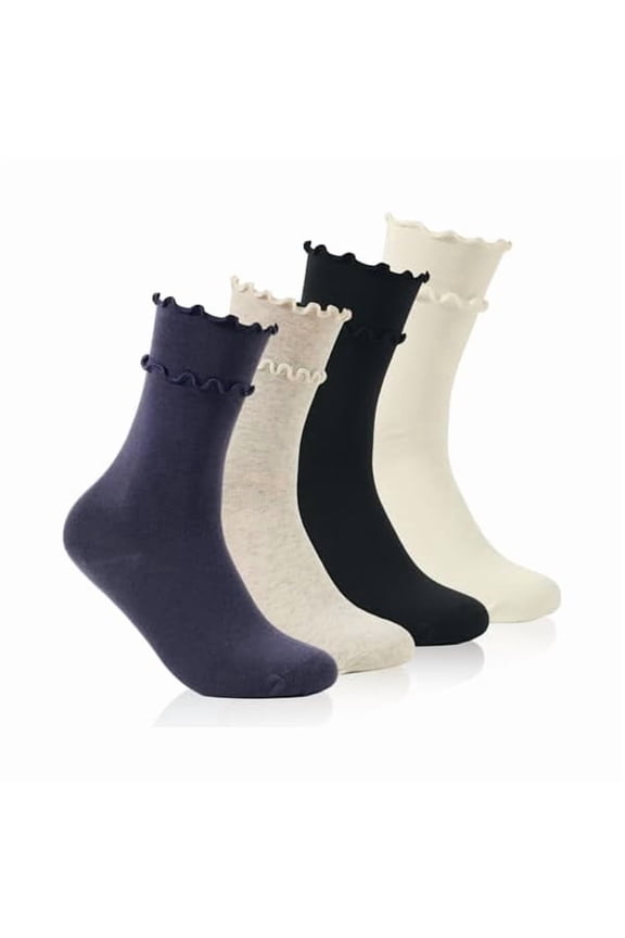 4 Pairs Women Ruffle Ankle Socks,Adult Double Lace Turn Cuff Cotton Frilly Dress Socks Cute Bobby Sock with Ruffles