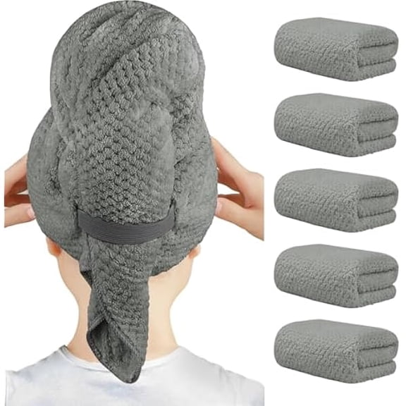 Eryueer 5 Pack Large Microfiber Hair Towel Wrap for Women, Grey- 40 x 20 inches Super Soft, Fast Drying Turbans for Long, Thick, Curly Hair - Anti Frizz Wrap with Elastic Strap