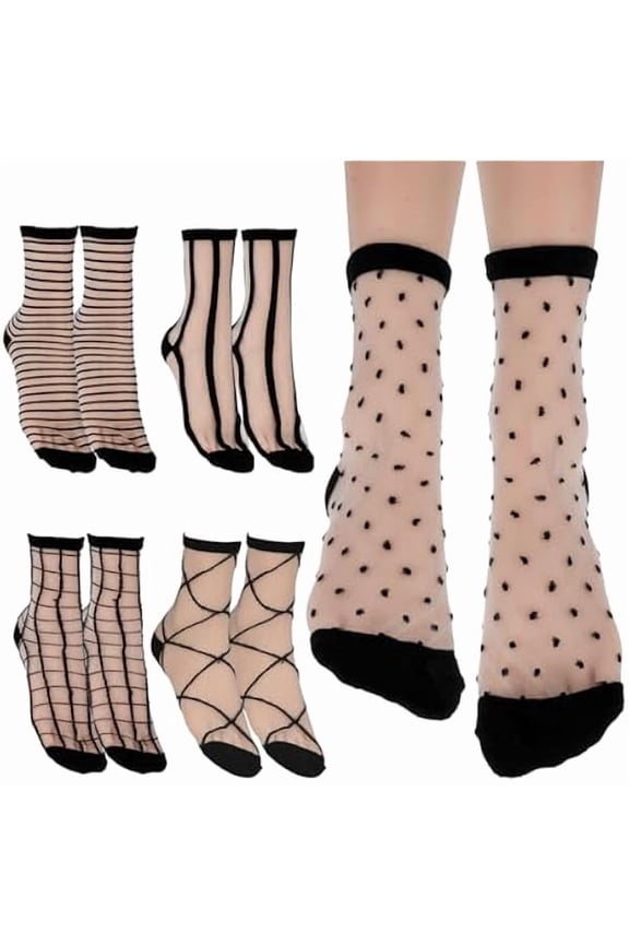 5Pairs Sheer Ankle Socks Black See Through Socks Striped Plaid Dot Cute Transparent Socks for Women Girls