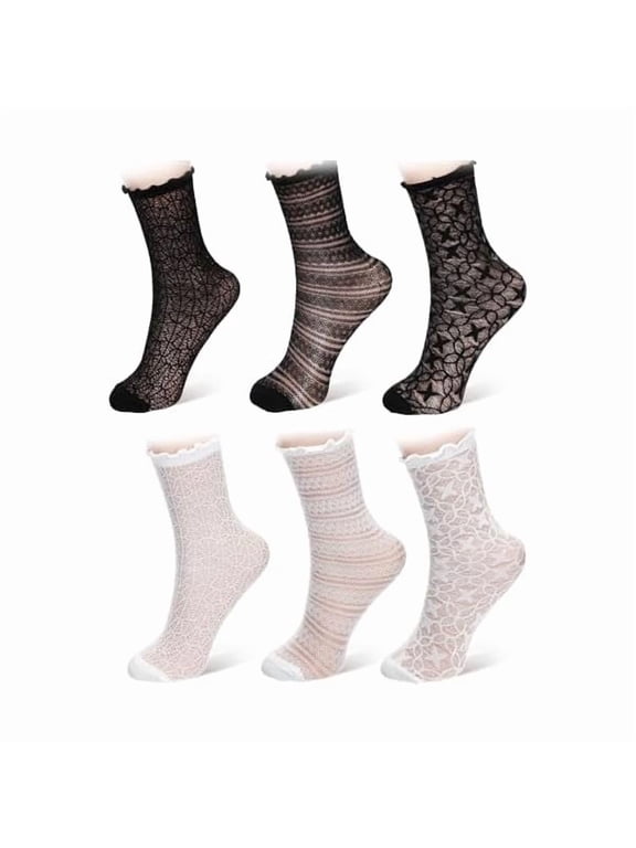 6 Pairs Sheer Socks Women Ruffle Lace Ankle Socks Frilly Sheer Sock for Women Cute Crew Mesh Ruffled Lolita Sock for Ladies Dress