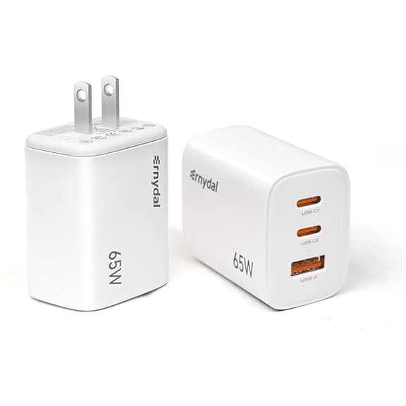 Eryueer 65W GaN USB-C Fast Charger Block with Dual USB-C & USB-A Ports, Compact Power Adapter Compatible with MacBook, iPad, iPhone, Galaxy, and More (White)