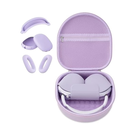Eryueer Case compatible with Apple Airpods Max Headphones, Travel Portable Headphone Hard Case Cover Bag, Mesh Pouch with Zipper compatible with Charger and Accessories (Purple case & Cover)