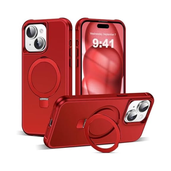 Eryueer Compatible with iPhone 15 Case with Invisible Magnetic O-Ring Stand Military-Grade Case for iPhone 15 6.1" [Compatible with Mag-Safe][Great Grip Feeling], Red
