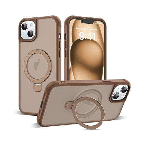 Eryueer Compatible with iPhone 15 Case with Invisible Magnetic O-Ring Stand Military-Grade Translucent Case for iPhone 15 6.1" [Compatible with Mag-Safe][Great Grip Feeling],Desert Brown