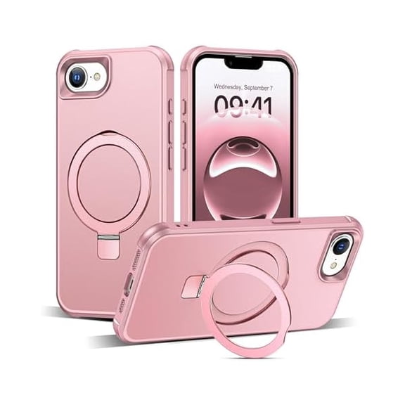 Eryueer Compatible with iPhone 16e Case & iPhone 17e Case 6.1" with Invisible Magnetic O-Ring Stand Military-Grade Phone Cases [Compatible with Mag-Safe][Great Grip Feeling] Rose Gold