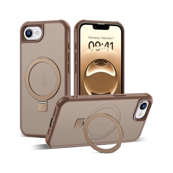 Eryueer Compatible with iPhone 16e Case & iPhone 17e Case 6.1" with Invisible Magnetic O-Ring Stand Military-Grade Translucent Phone Cases [Compatible with Mag-Safe][Great Grip Feeling] Desert Brown