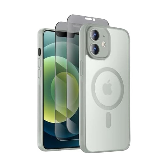Eryueer Designed for iPhone 12 Case, Compatible with MagSafe, with Privacy Screen Protectors X2, [Camera Protection] [15FT Military Drop Protection] Shockproof Phone Case, 6.1", Calke Green