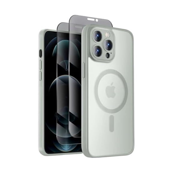 Eryueer Designed for iPhone 12 Pro Case, Compatible with MagSafe, with Privacy Screen Protectors X2, [Camera Protection] [15FT Military Drop Protection] Shockproof Phone Case, 6.1", Calke Green